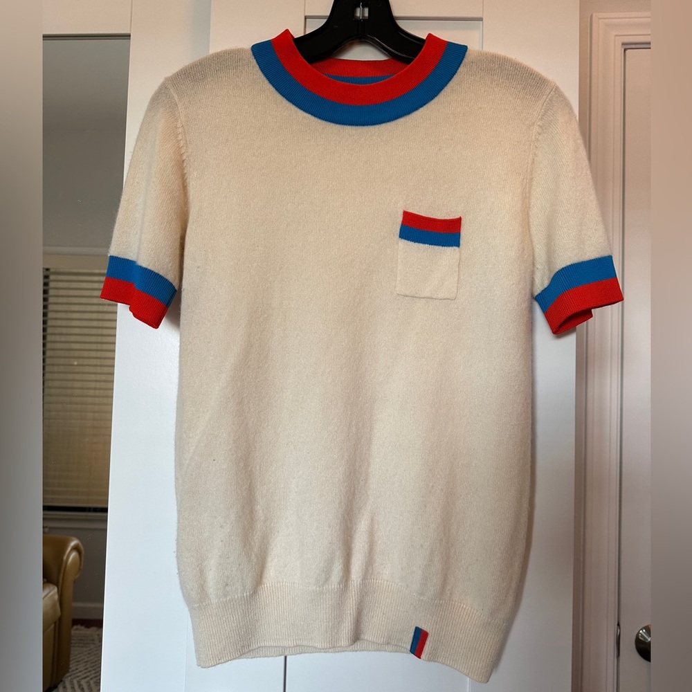 KULE Cream Crewneck Cashmere Sweater with Blue and Red Trim